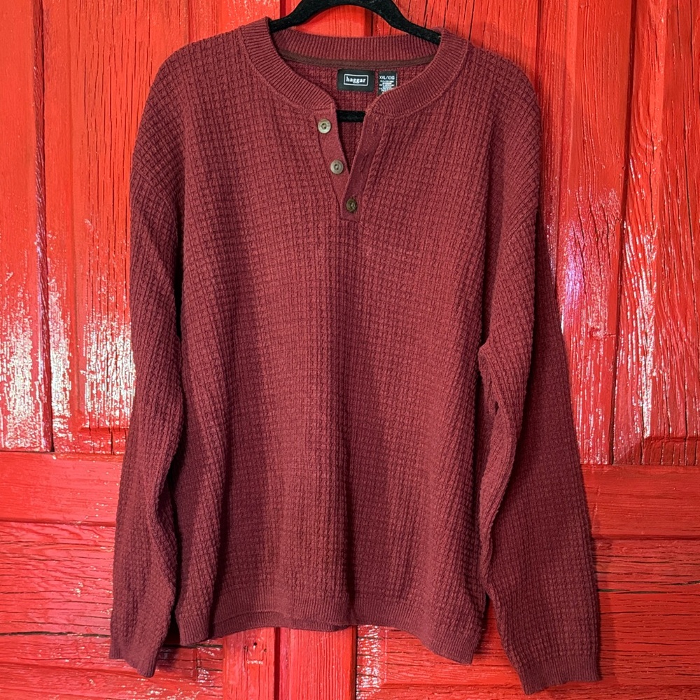 Haggar Men's Burgundy Buttoned Crewneck Sweater